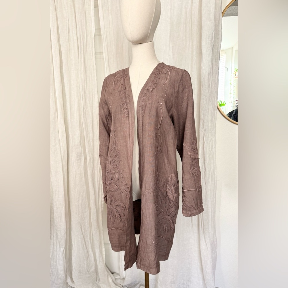 Vintage Embroidered Open Front Linen Cardigan